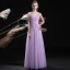 Elegant Lilac See-through Evening Dresses  2018 A-Line / Princess V-Neck Sleeveless Appliques Lace Beading Pearl Floor-Length / Long Ruffle Backless Formal Dresses