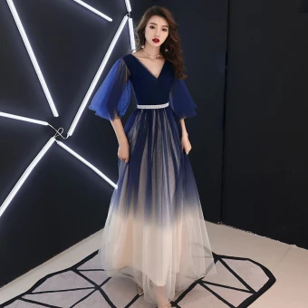 Moderne Mode Bleu Marine Dégradé De Couleur Robe De Soirée 2019 Princesse V Cou 1 2 Manches Faux Diamant Ceinture Longue Volants Dos Nu Robe De Ceremonie