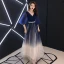 Modern / Fashion Navy Blue Gradient-Color Evening Dresses  2019 A-Line / Princess V-Neck 1/2 Sleeves Rhinestone Sash Floor-Length / Long Ruffle Backless Formal Dresses