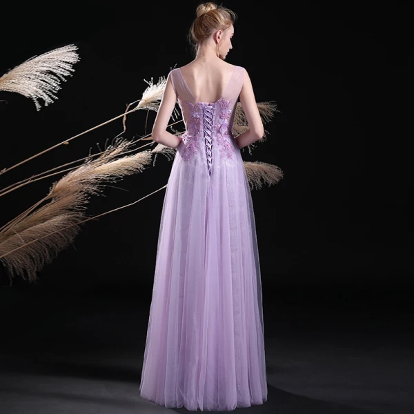 Elegant Lilac See-through Evening Dresses 2018 A-Line / Princess V-Neck Sleeveless Appliques Lace Beading Pearl Floor-Length / Long Ruffle Backless Formal Dresses