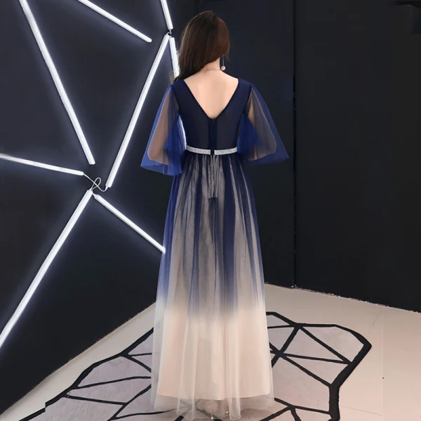 Modern / Fashion Navy Blue Gradient-Color Evening Dresses 2019 A-Line / Princess V-Neck 1/2 Sleeves Rhinestone Sash Floor-Length / Long Ruffle Backless Formal Dresses