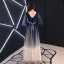Modern / Fashion Navy Blue Gradient-Color Evening Dresses  2019 A-Line / Princess V-Neck 1/2 Sleeves Rhinestone Sash Floor-Length / Long Ruffle Backless Formal Dresses