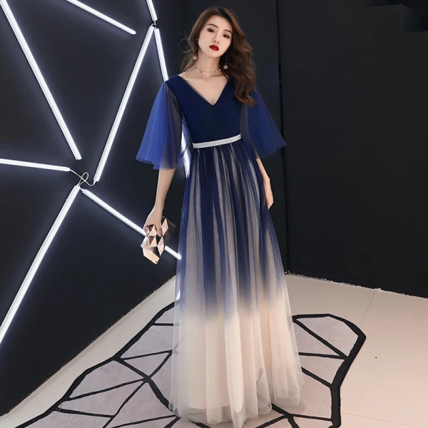 Modern / Fashion Navy Blue Gradient-Color Evening Dresses 2019 A-Line / Princess V-Neck 1/2 Sleeves Rhinestone Sash Floor-Length / Long Ruffle Backless Formal Dresses