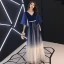 Modern / Fashion Navy Blue Gradient-Color Evening Dresses  2019 A-Line / Princess V-Neck 1/2 Sleeves Rhinestone Sash Floor-Length / Long Ruffle Backless Formal Dresses