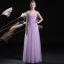 Elegant Lilac See-through Evening Dresses  2018 A-Line / Princess V-Neck Sleeveless Appliques Lace Beading Pearl Floor-Length / Long Ruffle Backless Formal Dresses