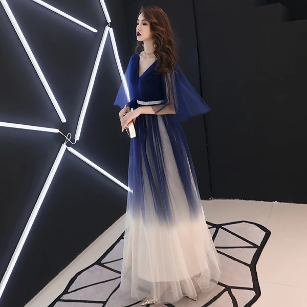 Modern / Fashion Navy Blue Gradient-Color Evening Dresses 2019 A-Line / Princess V-Neck 1/2 Sleeves Rhinestone Sash Floor-Length / Long Ruffle Backless Formal Dresses
