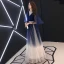 Modern / Fashion Navy Blue Gradient-Color Evening Dresses  2019 A-Line / Princess V-Neck 1/2 Sleeves Rhinestone Sash Floor-Length / Long Ruffle Backless Formal Dresses