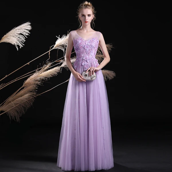 Elegant Lilac See-through Evening Dresses 2018 A-Line / Princess V-Neck Sleeveless Appliques Lace Beading Pearl Floor-Length / Long Ruffle Backless Formal Dresses