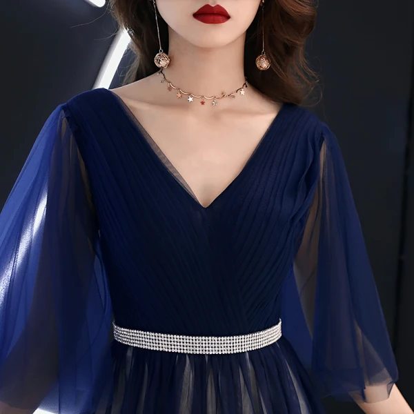 Modern / Fashion Navy Blue Gradient-Color Evening Dresses 2019 A-Line / Princess V-Neck 1/2 Sleeves Rhinestone Sash Floor-Length / Long Ruffle Backless Formal Dresses