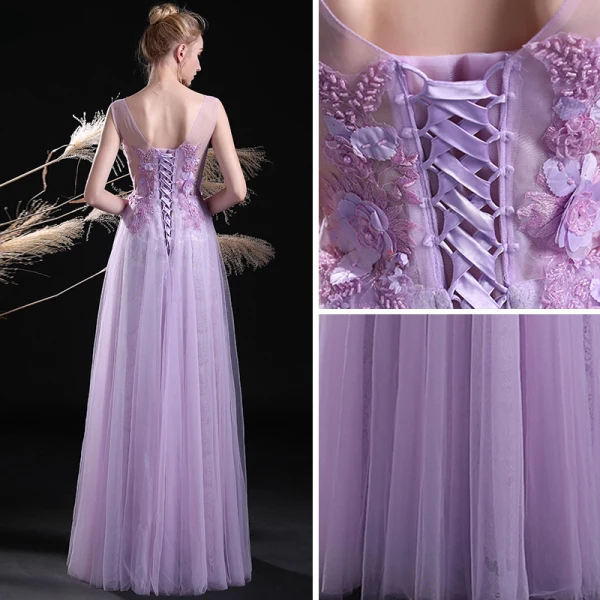 Elegant Lilac See-through Evening Dresses 2018 A-Line / Princess V-Neck Sleeveless Appliques Lace Beading Pearl Floor-Length / Long Ruffle Backless Formal Dresses