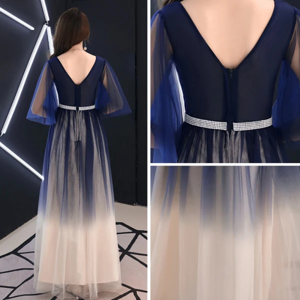 Modern / Fashion Navy Blue Gradient-Color Evening Dresses 2019 A-Line / Princess V-Neck 1/2 Sleeves Rhinestone Sash Floor-Length / Long Ruffle Backless Formal Dresses