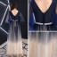 Modern / Fashion Navy Blue Gradient-Color Evening Dresses  2019 A-Line / Princess V-Neck 1/2 Sleeves Rhinestone Sash Floor-Length / Long Ruffle Backless Formal Dresses