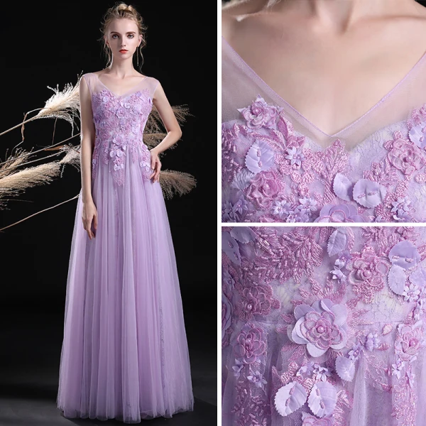 Elegant Lilac See-through Evening Dresses 2018 A-Line / Princess V-Neck Sleeveless Appliques Lace Beading Pearl Floor-Length / Long Ruffle Backless Formal Dresses