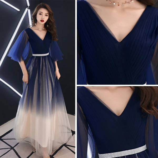 Modern / Fashion Navy Blue Gradient-Color Evening Dresses 2019 A-Line / Princess V-Neck 1/2 Sleeves Rhinestone Sash Floor-Length / Long Ruffle Backless Formal Dresses