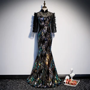 Scintillantes Noire Transparentes Robe De Soirée 2020 Trompette Sirène Col Haut 3 4 Manches Paillettes Longue Robe De Ceremonie