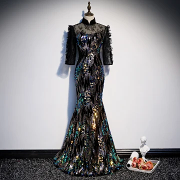 Sparkly Black See Through Evening Dresses 2020 Trumpet Mermaid High Neck 3 4 Sleeve Sequins Floor Length Long Formal Dresses