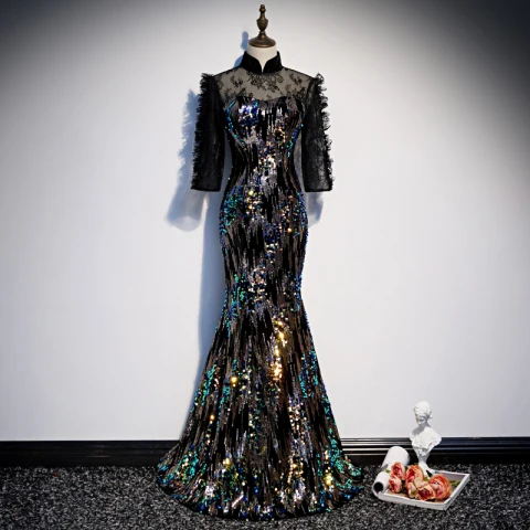 Sparkly Black See-through Evening Dresses  2020 Trumpet / Mermaid High Neck 3/4 Sleeve Sequins Floor-Length / Long Formal Dresses