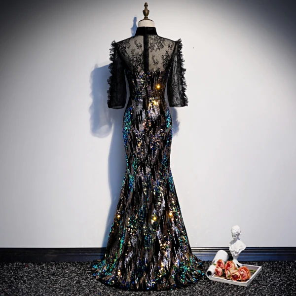 Scintillantes Noire Transparentes Robe De Soirée 2020 Trompette / Sirène Col Haut 3/4 Manches Paillettes Longue Robe De Ceremonie