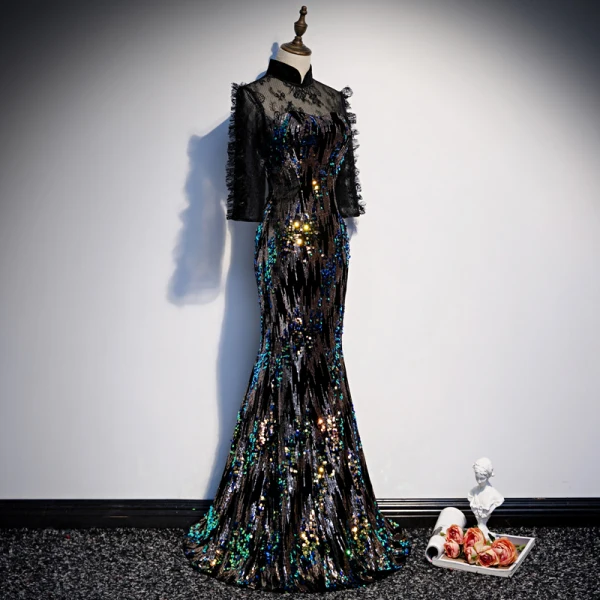 Scintillantes Noire Transparentes Robe De Soirée 2020 Trompette / Sirène Col Haut 3/4 Manches Paillettes Longue Robe De Ceremonie