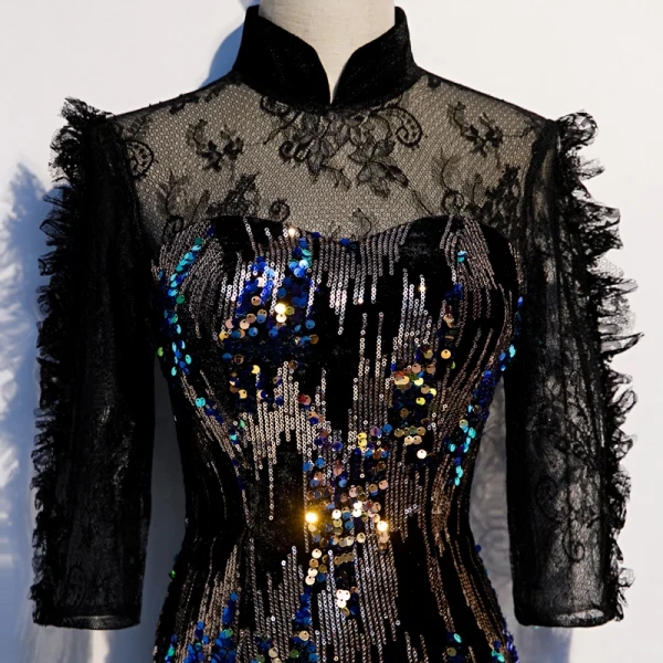 Scintillantes Noire Transparentes Robe De Soirée 2020 Trompette / Sirène Col Haut 3/4 Manches Paillettes Longue Robe De Ceremonie