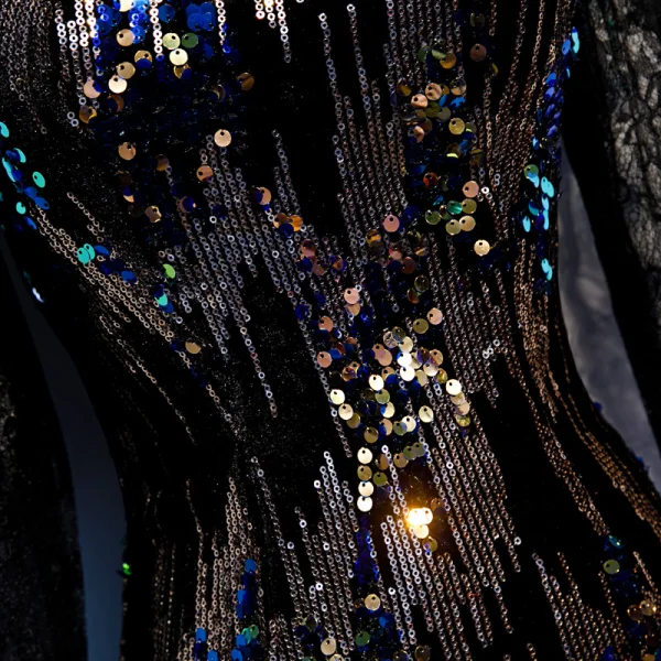Scintillantes Noire Transparentes Robe De Soirée 2020 Trompette / Sirène Col Haut 3/4 Manches Paillettes Longue Robe De Ceremonie