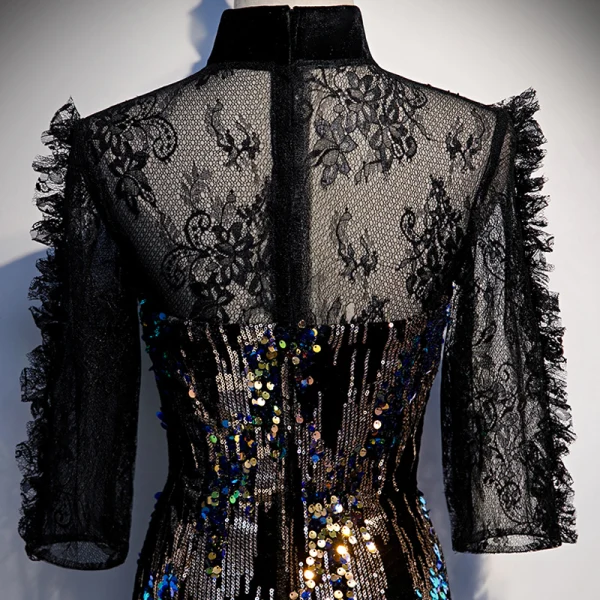 Scintillantes Noire Transparentes Robe De Soirée 2020 Trompette / Sirène Col Haut 3/4 Manches Paillettes Longue Robe De Ceremonie