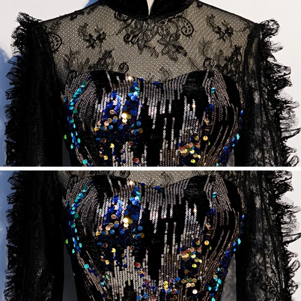 Scintillantes Noire Transparentes Robe De Soirée 2020 Trompette / Sirène Col Haut 3/4 Manches Paillettes Longue Robe De Ceremonie
