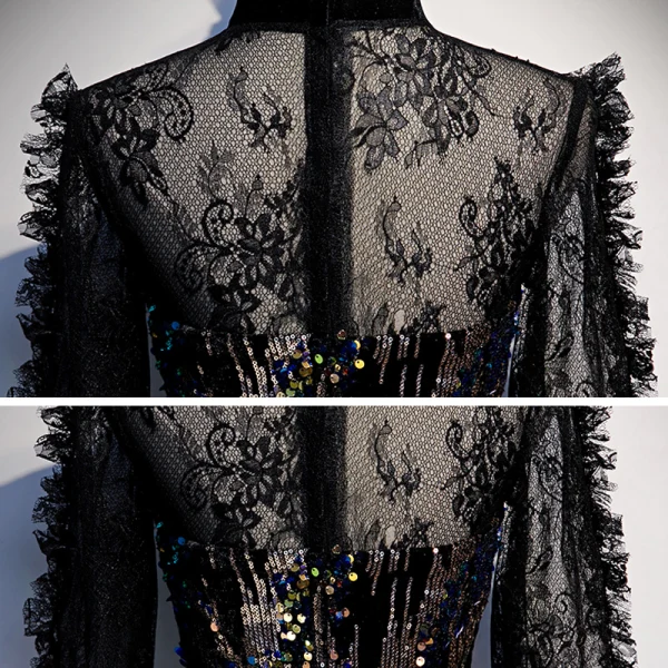 Scintillantes Noire Transparentes Robe De Soirée 2020 Trompette / Sirène Col Haut 3/4 Manches Paillettes Longue Robe De Ceremonie