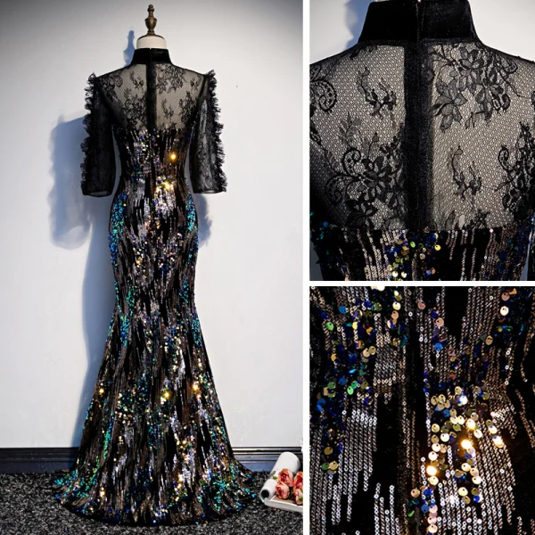 Scintillantes Noire Transparentes Robe De Soirée 2020 Trompette / Sirène Col Haut 3/4 Manches Paillettes Longue Robe De Ceremonie