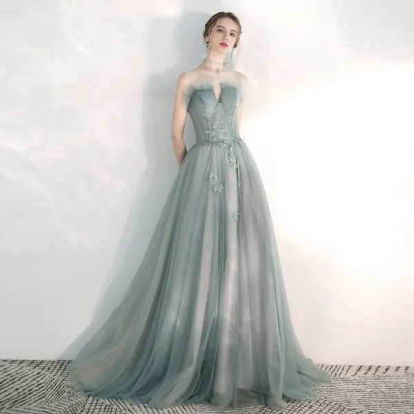 Elegant Sage Green Evening Dresses  2020 A-Line / Princess Sweetheart Sleeveless Appliques Lace Beading Sweep Train Ruffle Backless Formal Dresses