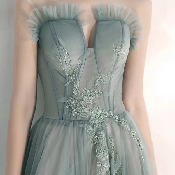 Elegant Salvie Grønn Selskapskjoler 2020 Prinsesse Kjæreste Uten Ermer Appliques Blonder Beading Feie Tog Buste Ryggløse Formelle Kjoler