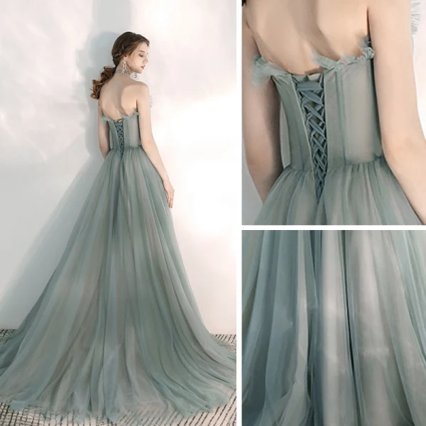 Elegant Salvie Grønn Selskapskjoler 2020 Prinsesse Kjæreste Uten Ermer Appliques Blonder Beading Feie Tog Buste Ryggløse Formelle Kjoler