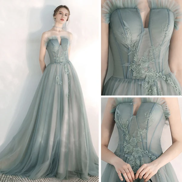 Elegant Salvie Grønn Selskapskjoler 2020 Prinsesse Kjæreste Uten Ermer Appliques Blonder Beading Feie Tog Buste Ryggløse Formelle Kjoler