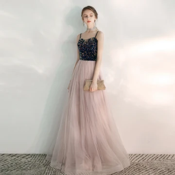 Elegante Blozen Roze Avondjurken 2020 A Lijn Spaghettibandjes Mouwloos Pailletten Kralen Lange Ruche Ruglooze Gelegenheid Jurken
