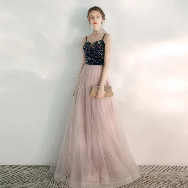Eleganckie Rumieniąc Różowy Sukienki Wieczorowe 2020 Princessa Spaghetti Pasy Bez Rękawów Cekiny Frezowanie Długie Wzburzyć Bez Pleców Sukienki Wizytowe