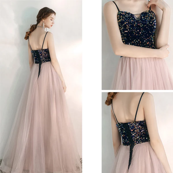 Elegante Rosa Abendkleider 2020 A Linie Spaghettiträger Ärmellos Pailletten Perlenstickerei Lange Rüschen Rückenfreies Festliche Kleider