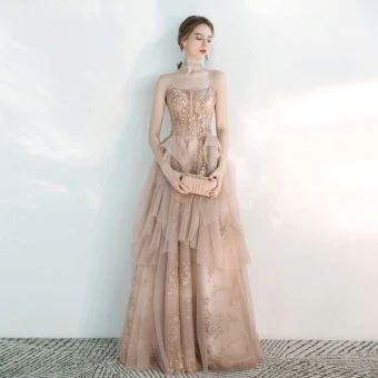 Chic Beautiful Champagne Evening Dresses 2020 A Line Princess Sweetheart Sleeveless Beading Glitter Tulle Floor Length Long Ruffle Backless Formal Dresses