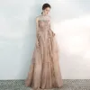 Chic / Beautiful Champagne Evening Dresses  2020 A-Line / Princess Sweetheart Sleeveless Beading Glitter Tulle Floor-Length / Long Ruffle Backless Formal Dresses