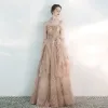 Chic / Beautiful Champagne Evening Dresses  2020 A-Line / Princess Sweetheart Sleeveless Beading Glitter Tulle Floor-Length / Long Ruffle Backless Formal Dresses