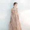 Piękne Szampan Sukienki Wieczorowe 2020 Princessa Kochanie Bez Rękawów Frezowanie Cekinami Tiulowe Długie Wzburzyć Bez Pleców Sukienki Wizytowe