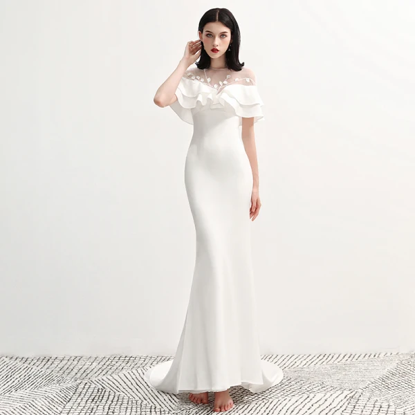 Mode Blanche Chiffon Transparentes Robe De Soirée 2020 Trompette / Sirène Encolure Dégagée Manches Courtes Appliques En Dentelle Tribunal Train Volants Dos Nu Robe De Ceremonie