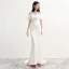 Mode Blanche Chiffon Transparentes Robe De Soirée 2020 Trompette / Sirène Encolure Dégagée Manches Courtes Appliques En Dentelle Tribunal Train Volants Dos Nu Robe De Ceremonie