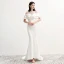 Mode Blanche Chiffon Transparentes Robe De Soirée 2020 Trompette / Sirène Encolure Dégagée Manches Courtes Appliques En Dentelle Tribunal Train Volants Dos Nu Robe De Ceremonie