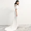 Mode Blanche Chiffon Transparentes Robe De Soirée 2020 Trompette / Sirène Encolure Dégagée Manches Courtes Appliques En Dentelle Tribunal Train Volants Dos Nu Robe De Ceremonie