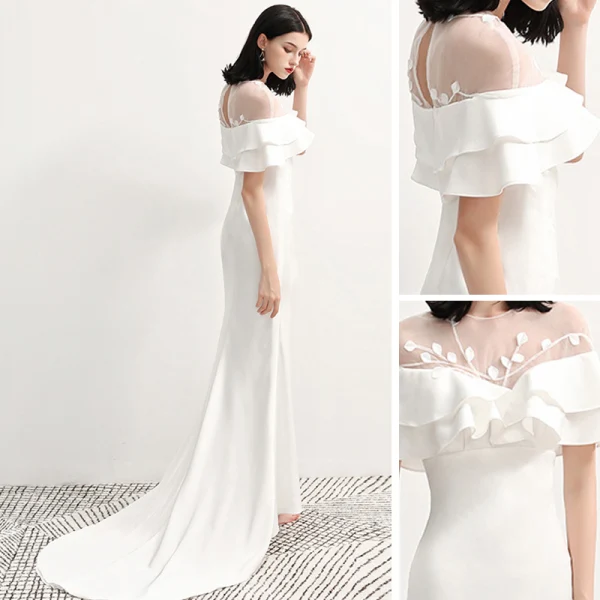 Mode Blanche Chiffon Transparentes Robe De Soirée 2020 Trompette / Sirène Encolure Dégagée Manches Courtes Appliques En Dentelle Tribunal Train Volants Dos Nu Robe De Ceremonie
