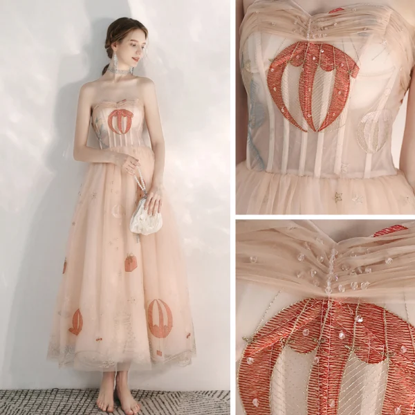 Lovely Pearl Pink Cartoon Prom Dresses 2020 A-Line / Princess Sweetheart Sleeveless Appliques Lace Beading Ankle Length Ruffle Backless Formal Dresses