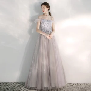 Elegant Lilac Evening Dresses 2020 A Line Princess Off The Shoulder Short Sleeve Appliques Lace Beading Floor Length Long Ruffle Backless Formal Dresses