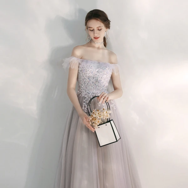 Elegant Lilac Evening Dresses  2020 A-Line / Princess Off-The-Shoulder Short Sleeve Appliques Lace Beading Floor-Length / Long Ruffle Backless Formal Dresses