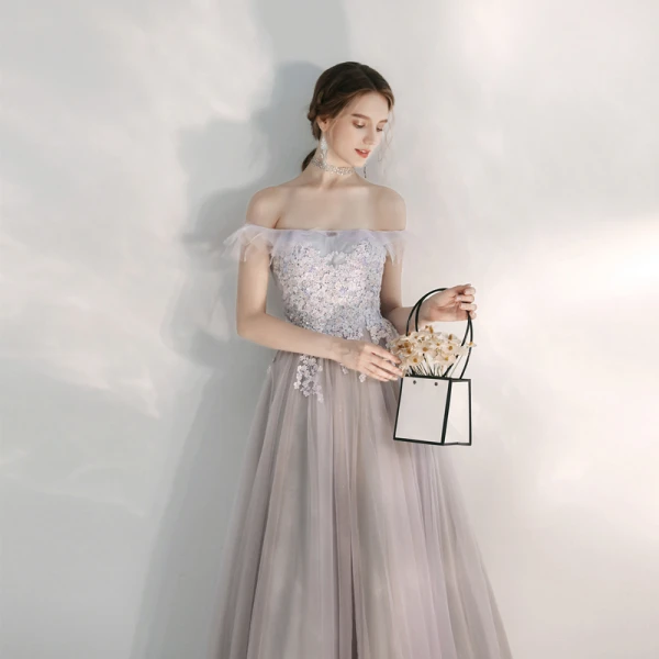 Elegant Lilac Evening Dresses  2020 A-Line / Princess Off-The-Shoulder Short Sleeve Appliques Lace Beading Floor-Length / Long Ruffle Backless Formal Dresses