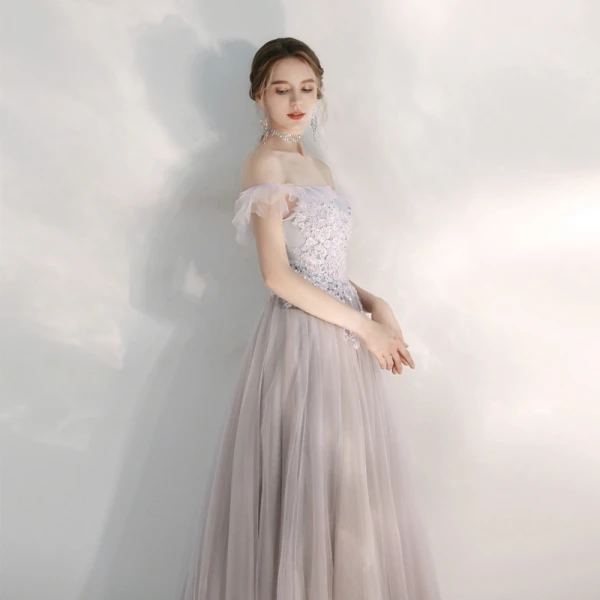 Elegant Lilac Evening Dresses  2020 A-Line / Princess Off-The-Shoulder Short Sleeve Appliques Lace Beading Floor-Length / Long Ruffle Backless Formal Dresses